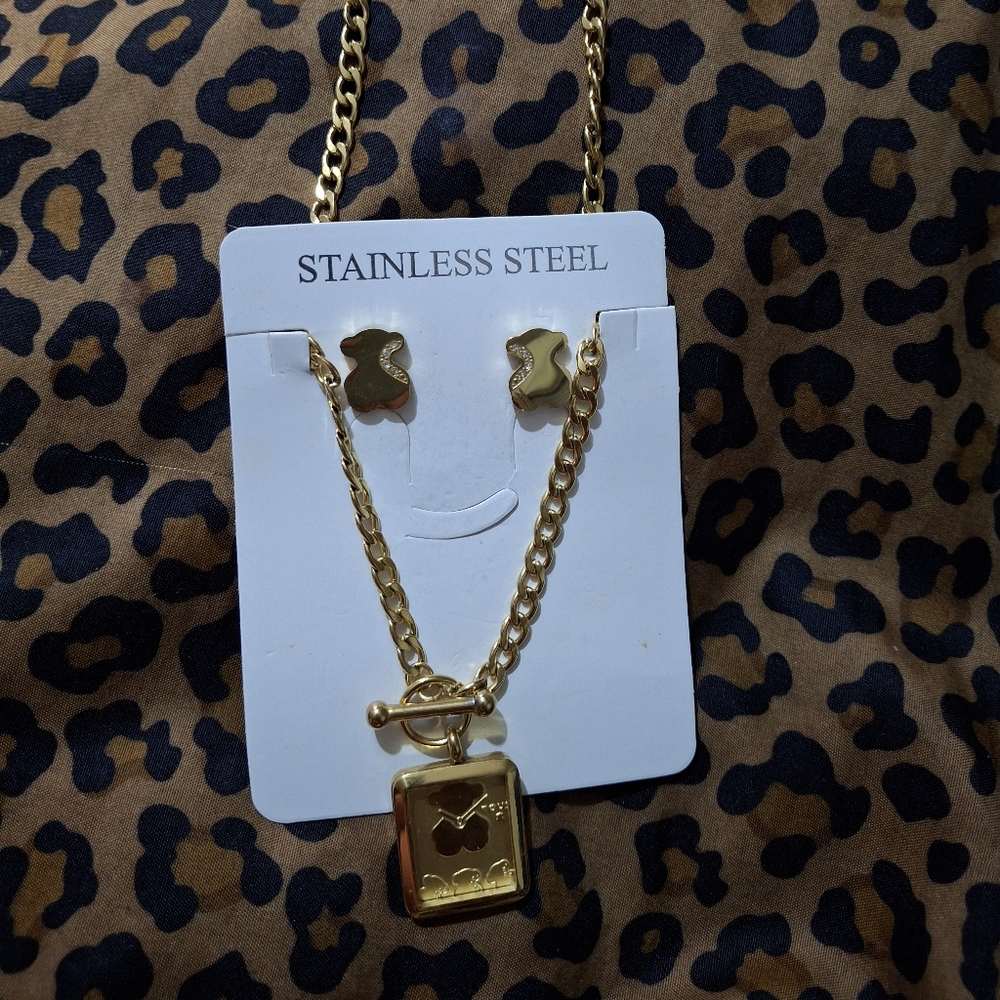 Bear Gold Stainless Steel Necklace and Earring Set